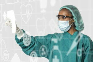 Doctor touching AI modern virtual screen interface medical technology