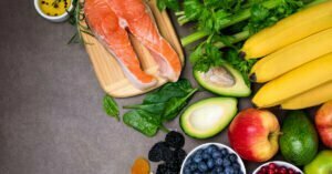 healthy food for COPD, fish, vegetables, fruits, berries and nuts