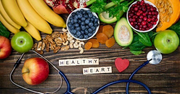 Fresh fruits and vegetables, berries and nuts, healthy food for a healthy heart