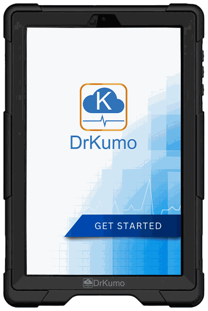 KumoPal XL100 tablet in a protective case, front view, showing the DrKumo start screen KumoPal XL100 tablet in a protective case, front view, showing the DrKumo start screen